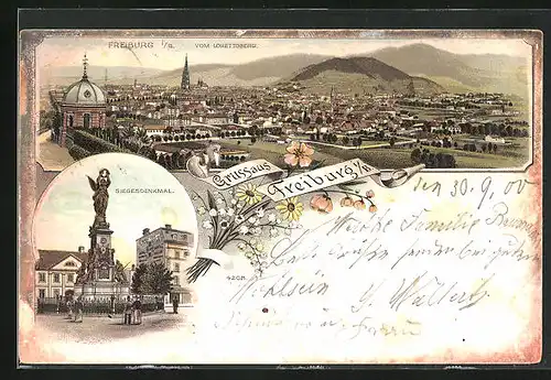 Lithographie Freiburg i. Br., Siegesdenkmal, Totalansicht vom Lorettoberg