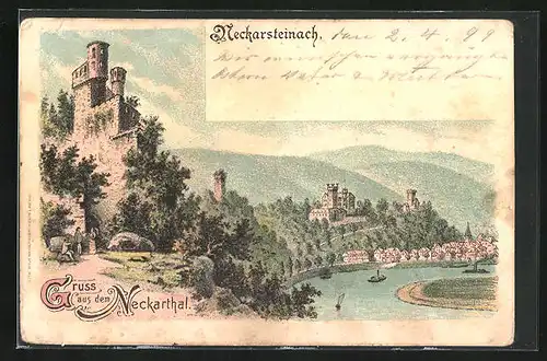 Lithographie Neckarsteinach, Flusspartie mit Ruine