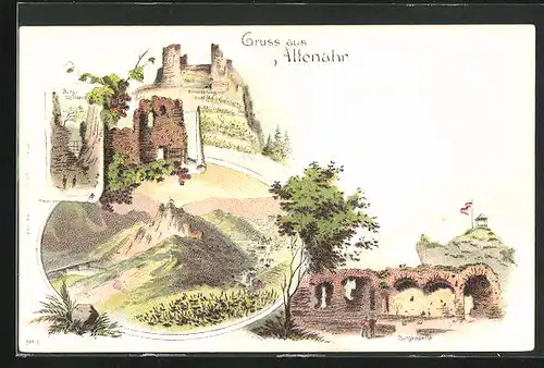 Lithographie Altenahr, Rittersprung, Burg-Verliess, Burgkapelle