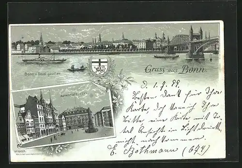 Mondschein-Lithographie Bonn, Marktplatz, Rheinbrücke