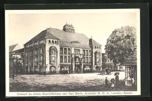 AK Speyer / Landau, Architekt Karl Barth, Entwurf Geschäftshaus, Architekturbüro-Werbekarte