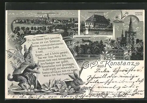 Lithographie Konstanz, Conciliumsgebäude, Konstanz Münster, Hasen mit Gedicht über Römer