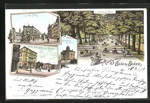 Lithographie Baden-Baden, Hotel d`Angleterre, Leopolds-Platz, Lichtenthaler Allee