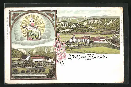 Lithographie Beuron, Blick auf das Kloster