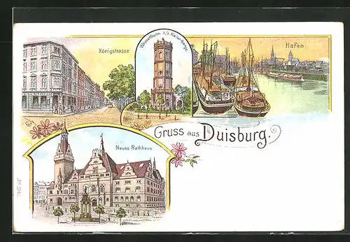 Lithographie Duisburg, Königsstrasse, Hafen, Neues Rathaus