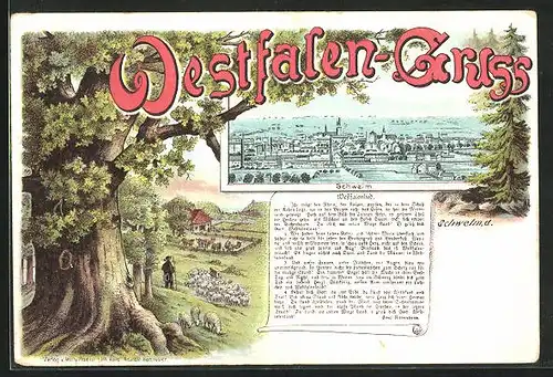Passepartout-Lithographie Schwelm, Ortsansicht, Hirte mit Schafsherde