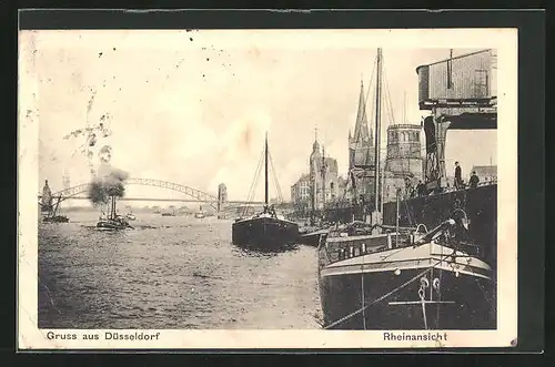 AK Düsseldorf, Rheinansicht mit Seegelbooten