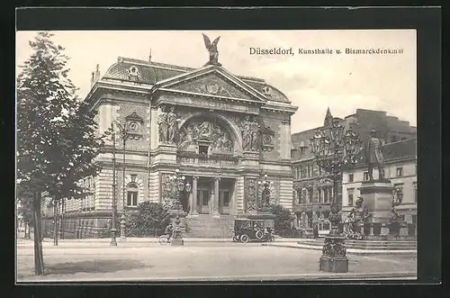 AK Düsseldorf, Kunsthalle und Bismarckdenkmal