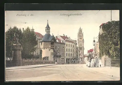 AK Freiburg i. Br., Schwabentorbrücke, Strassenbahnschienen