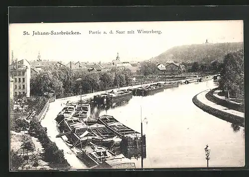 AK St. Johann-Saarbrücken, Partie an der Saar mit Winterberg