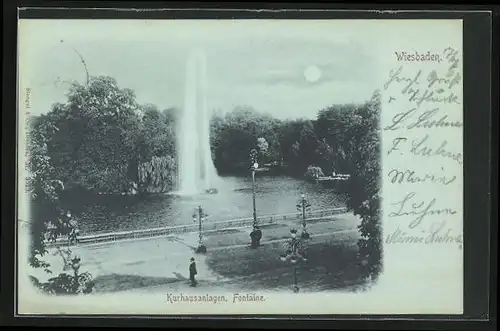 Mondschein-AK Wiesbaden, Kurhausanlagen und Fontaine