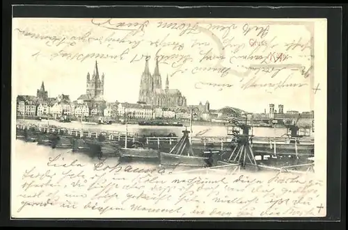 AK Köln, Pontonbrücke und Dom im Hintergrund