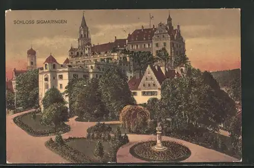 Künstler-AK Sigmaringen, Schloss mit Garten und Denkmal
