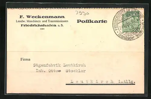 AK Friedrichshafen, Korrespondenzkarte der F. Weckenmann, Landw. Maschinen und Transmissionen