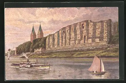 Künstler-AK Kaiserswerth, Rheindampfer, Segelboot, Ruine