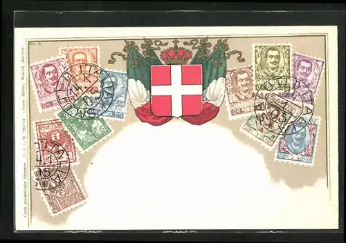 AK Italien, Briefmarken, Fahne und Wappen