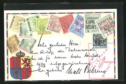 AK Mauritius, Briefmarken, Wappen und Landkarte