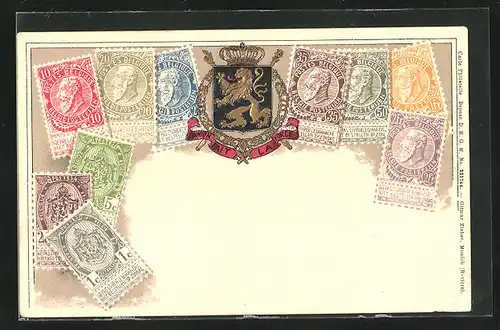 Präge-AK Belgien, Briefmarken, Wappen mit Löwe und Krone