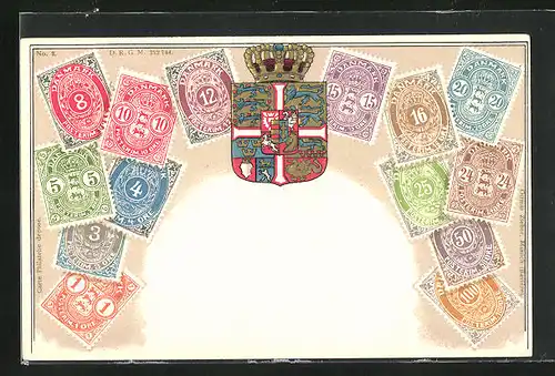 Präge-AK Dänemark, Briefmarken, Wappen