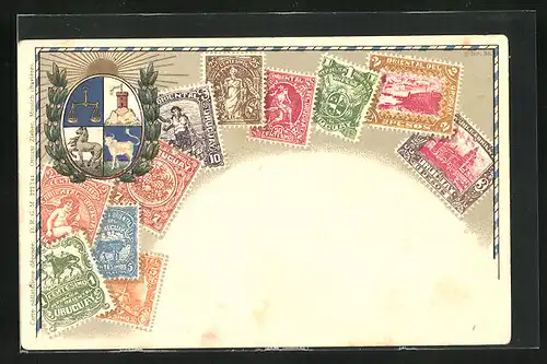 Präge-AK Uruguay, Briefmarken, Wappen mit Pferd und Stier