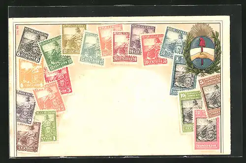 Präge-AK Argentinien, Briefmarken, Wappen