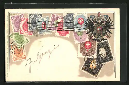 Präge-AK Russland, Briefmarken, Wappen Zweiköpfiger Adler