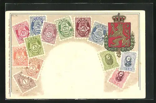 Präge-AK Norwegen, Briefmarken, Wappen mit Löwe