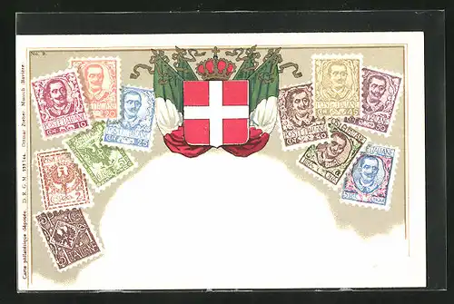 AK Italien, Briefmarken, Wappen und Fahnen