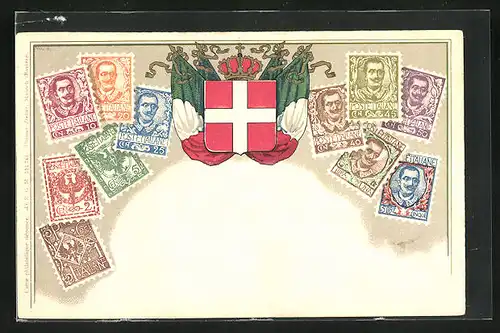 AK Italien, Briefmarken, Wappen mit Fahnen
