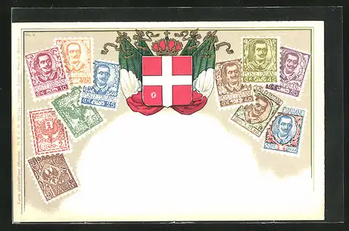 AK Italien, Briefmarken, Wappen mit Fahnen