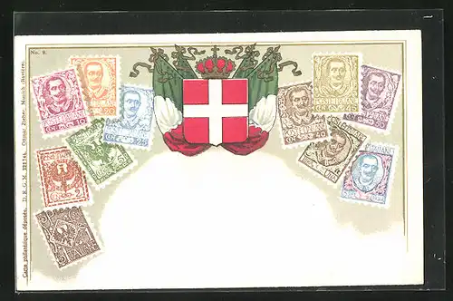 AK Italien, Briefmarken, Wappen und Fahnen