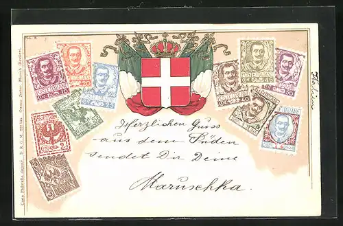 Präge-AK Italien, Briefmarken, Wappen mit Fahnen