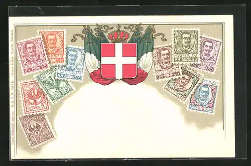 Präge-AK Italien, Briefmarken, Wappen mit Fahnen