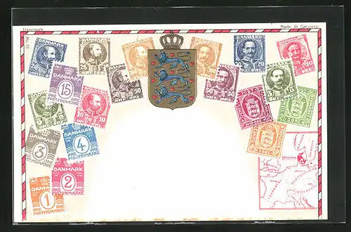 Präge-AK Dänemark, Briefmarken, Wappen und Landkarte