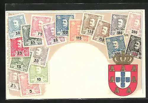 Präge-AK Portugal, Briefmarken, Wappen mit Türmen