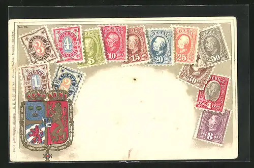 Präge-AK Schweden, Briefmarken, Wappen
