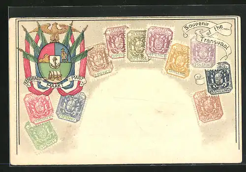 Präge-AK Transvaal, Briefmarken, Wappen mit Fahnen