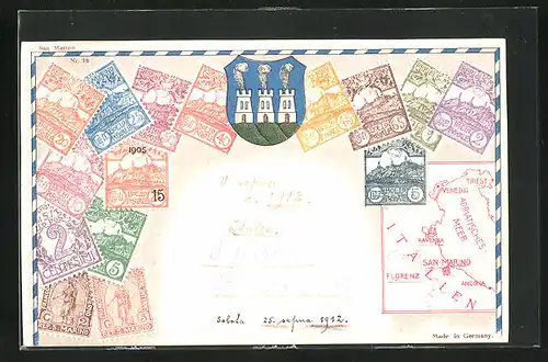 Präge-AK San-Marino, Briefmarken, Wappen mit Türmen, Landkarte