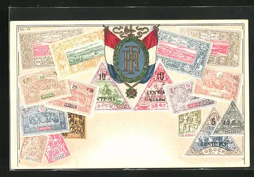 Präge-AK Somali, Briefmarken, Wappen mit Fahnen