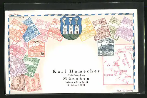 AK San-Marino, Briefmarken, Wappen mit Türmen, Landkarte