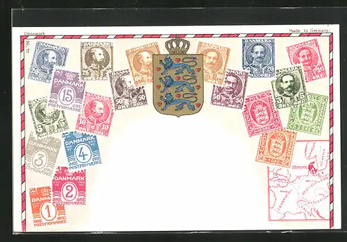 AK Dänemark, Briefmarken, Wappen und Landkarte