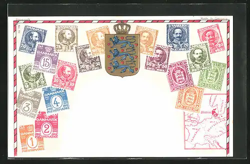 Präge-AK Dänemark, Briefmarken Wappen mit Löwen und Herzen, Landkarte