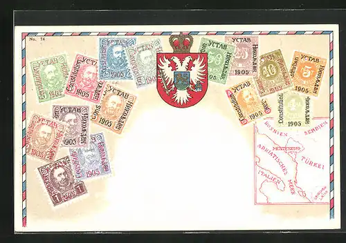 AK Montenegro, Briefmarken, Wappen und Landkarte