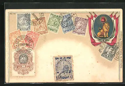 Präge-AK Paraguay, Briefmarken, Wappen Löwe mit Fahnen