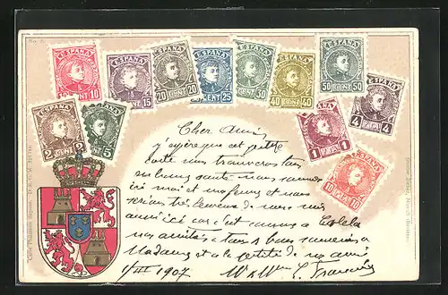 Präge-AK Spanien, Briefmarken, Wappen mit Löwen und Türmen