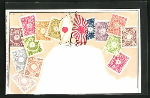 AK Japan, Briefmarken, Flaggen