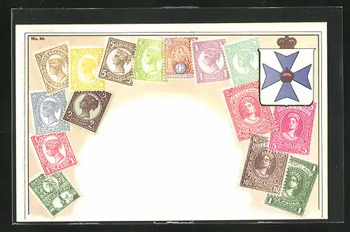 AK Queensland, Briefmarken, Wappen Kreuz