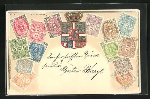 Präge-AK Dänemark, Briefmarken, Wappen