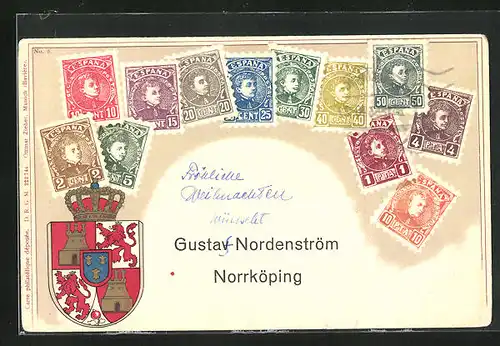 AK Spanien, Briefmarken, Wappen
