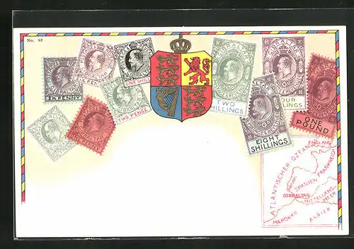 AK Gibraltar, Briefmarken, Landkarte und Wappen